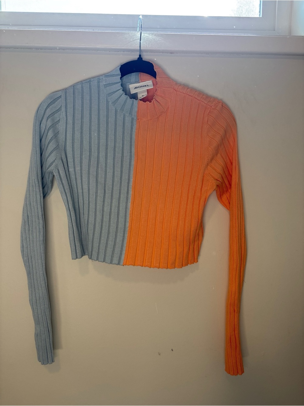 Monki Split Colorblock Ribbed Mock Neck Cropped Sweater Blue Orange